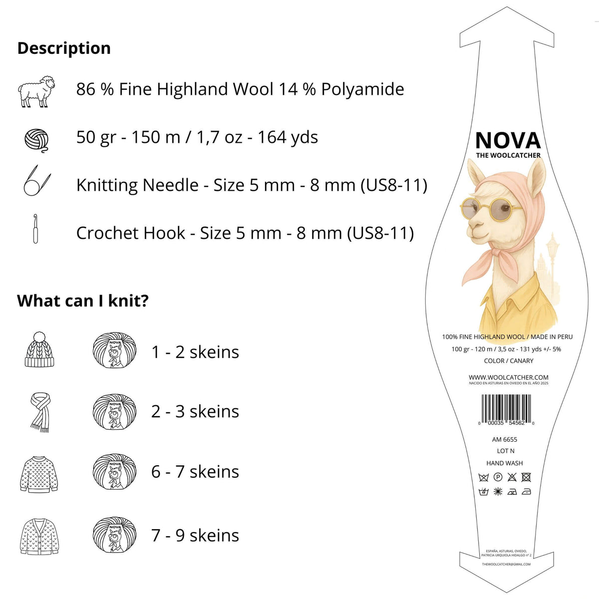 Lana NOVA Canary - 86% lana Highland peruana, 50 g / 150 m - The Woolcatcher