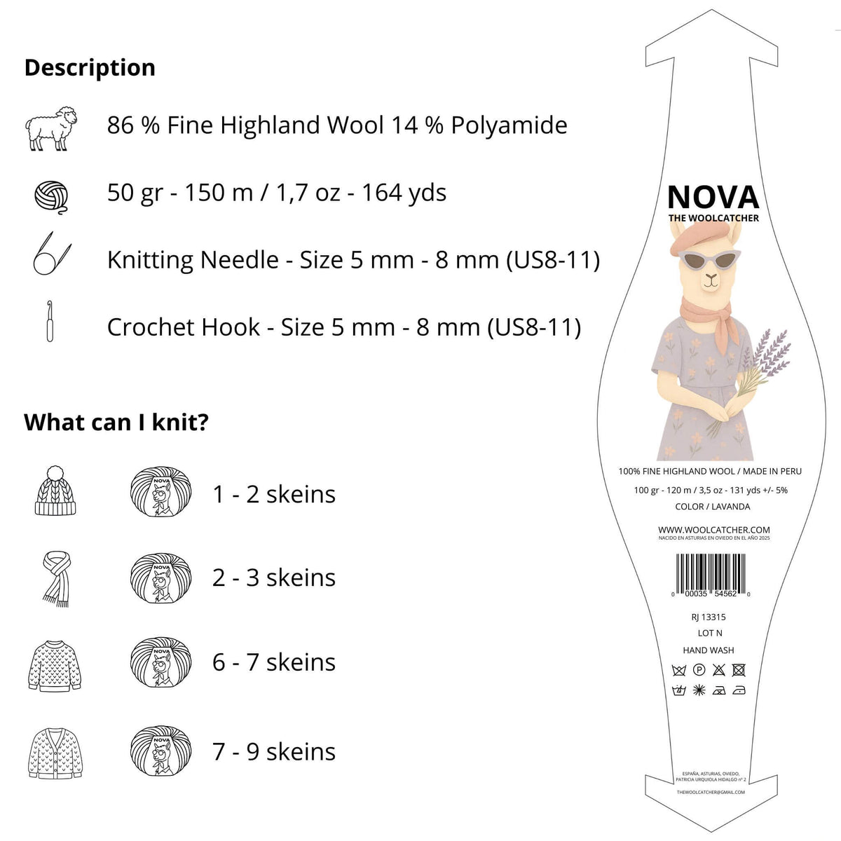 Lana NOVA Lavanda - 86% lana Highland peruana, 50 g / 150 m - The Woolcatcher